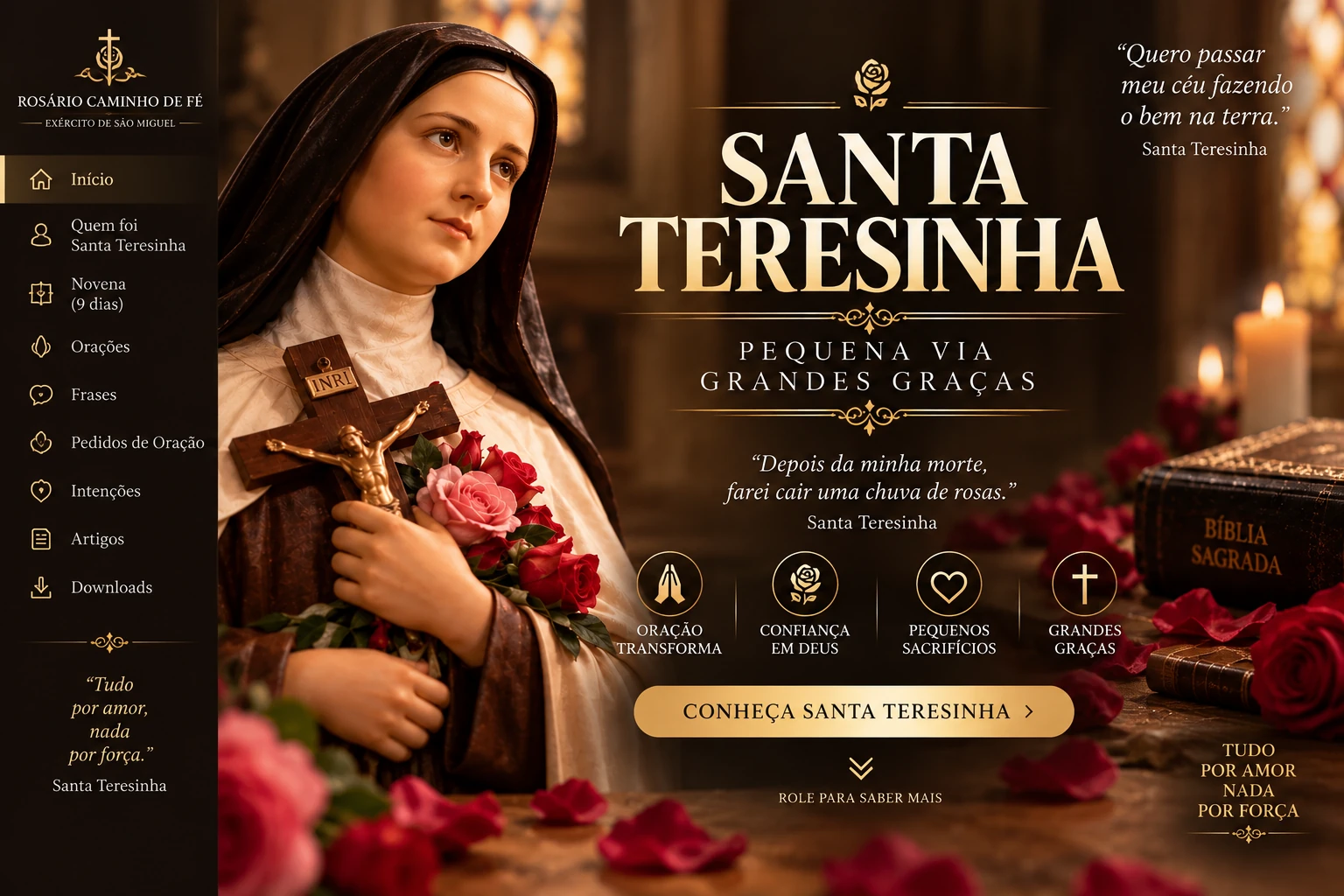 Santa Teresinha com crucifixo e rosas. Pequena Via, Grandes Graças.